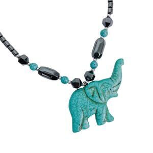 Vintage Howlite Gemstone Elephant Pendant Necklace Boho Hematite Jewelry Figural